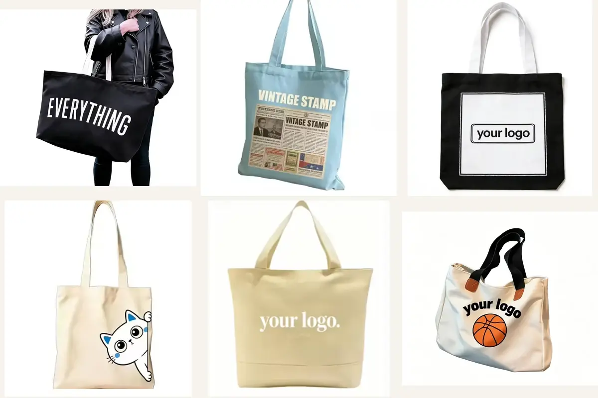 Heavy canvas totes with varied handles and printed artwork areas