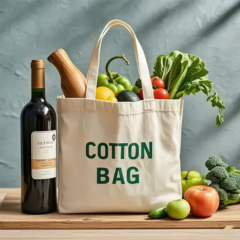 Natural heavyweight canvas tote filled with groceries and a bottle