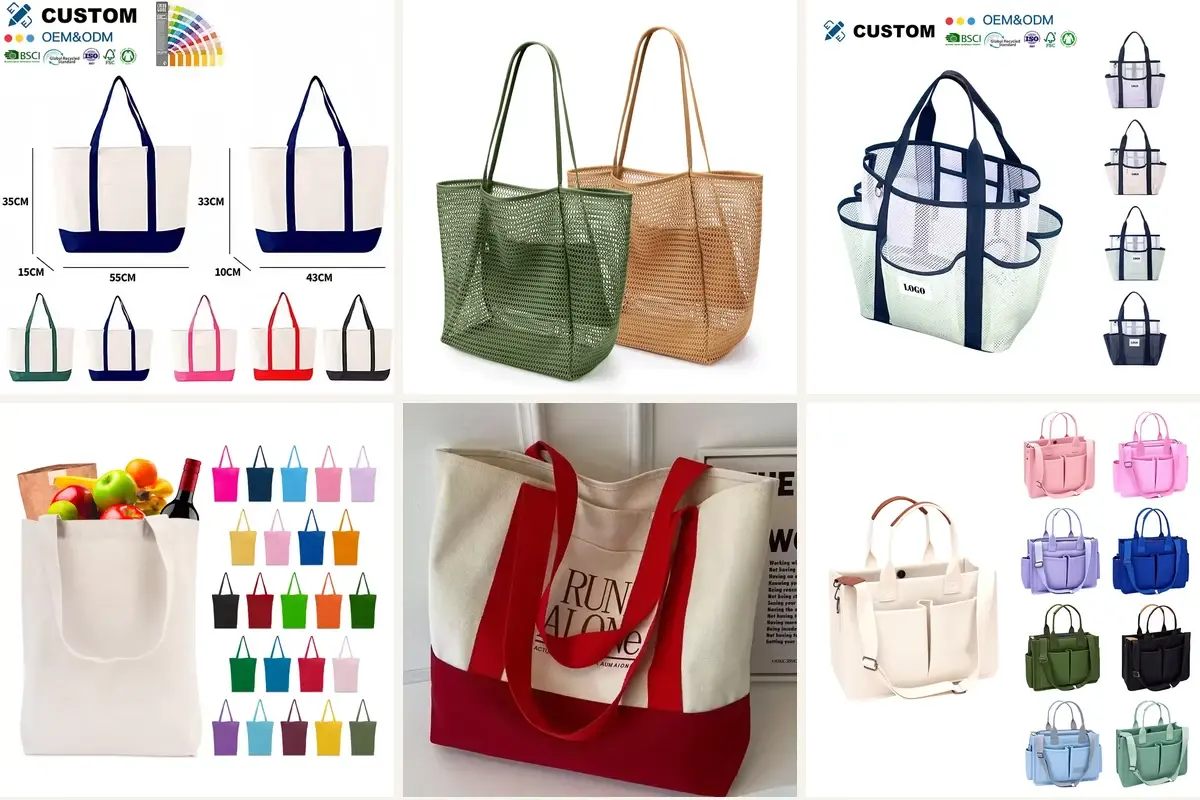 Canvas tote materials with natural and colored handle options