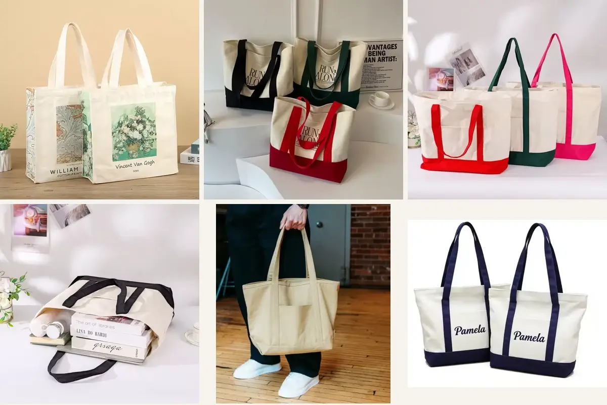 Canvas tote body, gusset and handle styles shown together