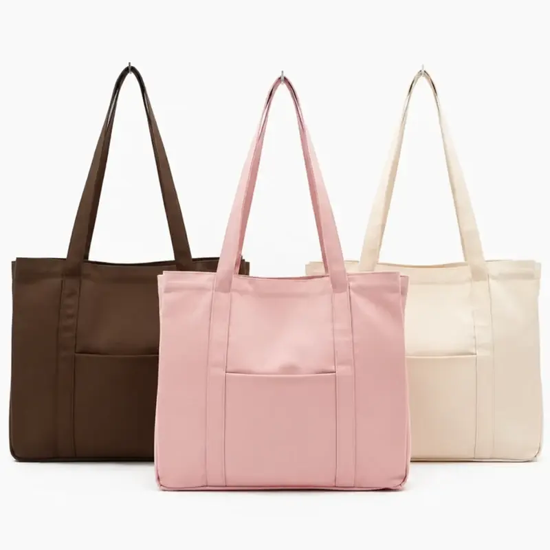 Heavy brown canvas tote bag with practical storage pockets