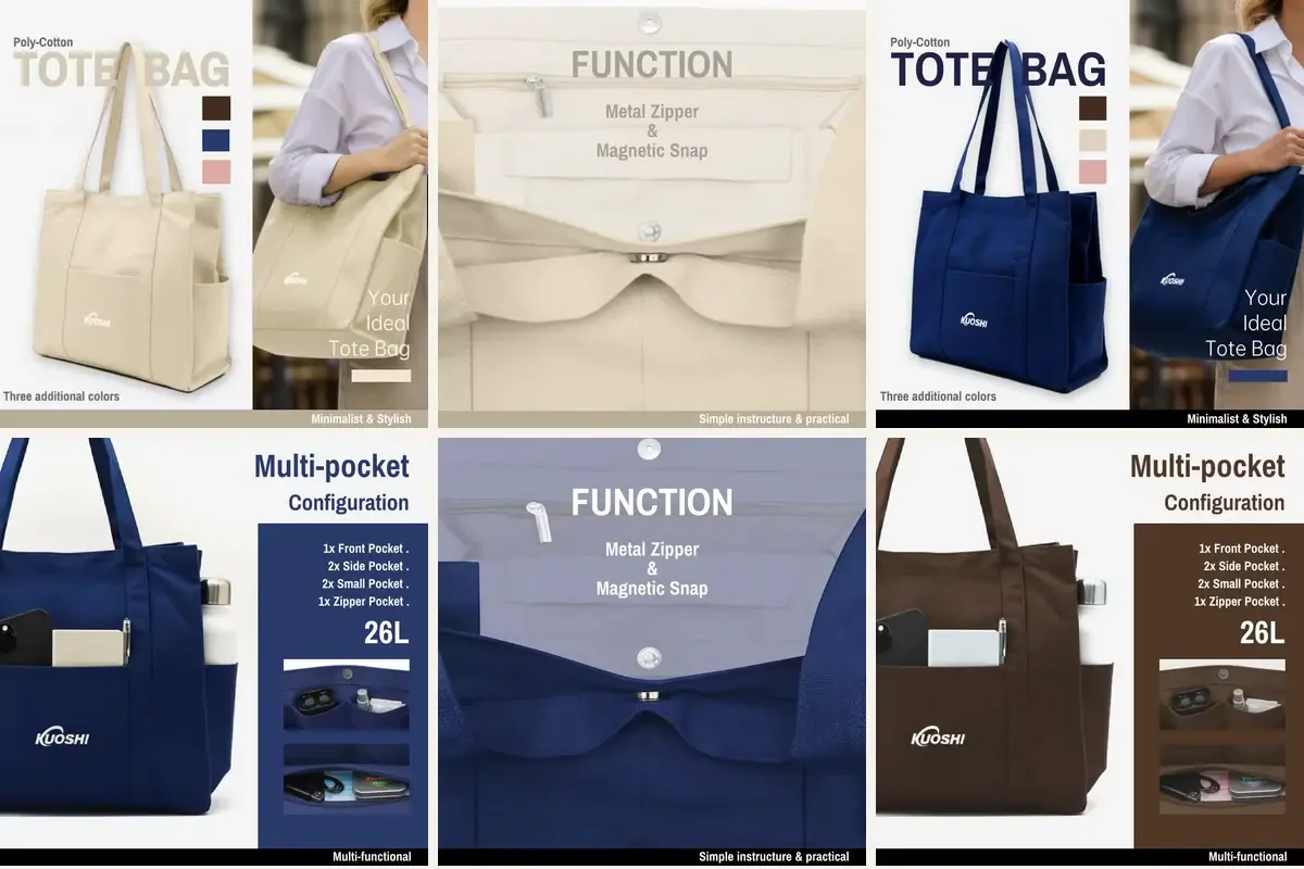 Canvas tote inner pocket, snap and zipper design options