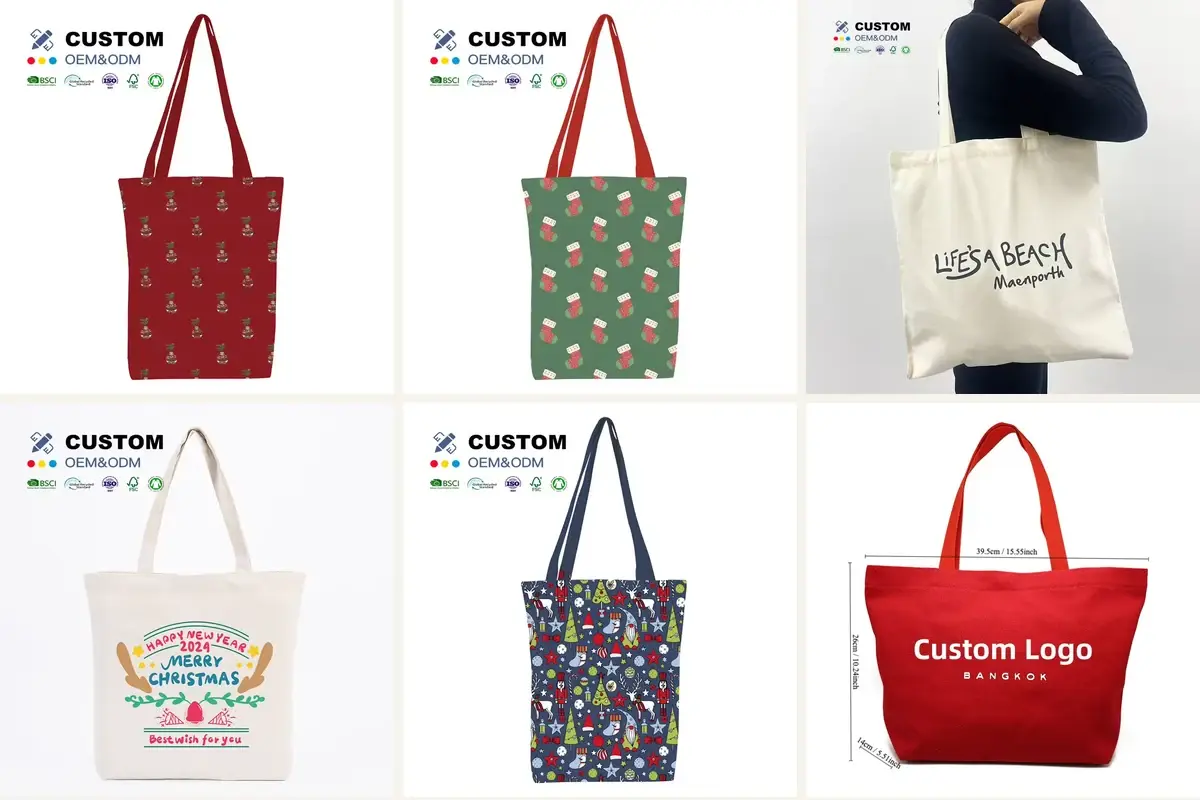 Printed canvas tote examples and custom label details
