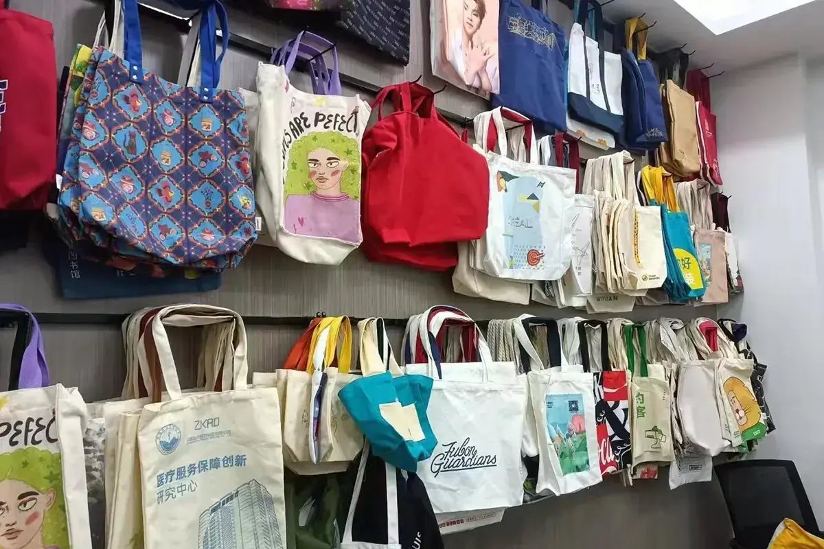 Canvas tote samples displayed for retail product planning