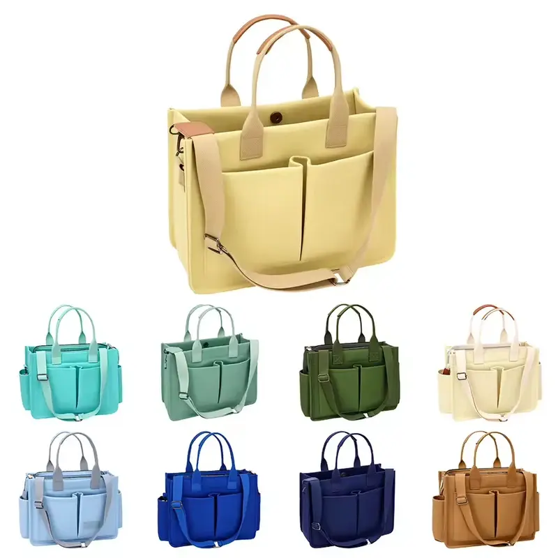 Structured gusseted zipper totes shown in several colors