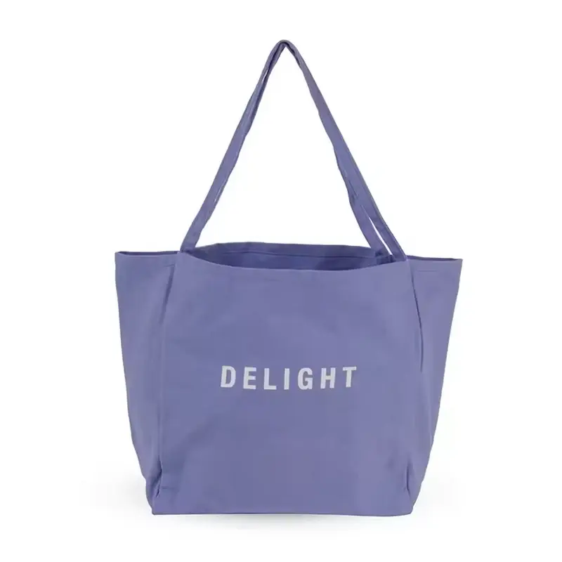 Purple classic canvas tote with long handles and an open top