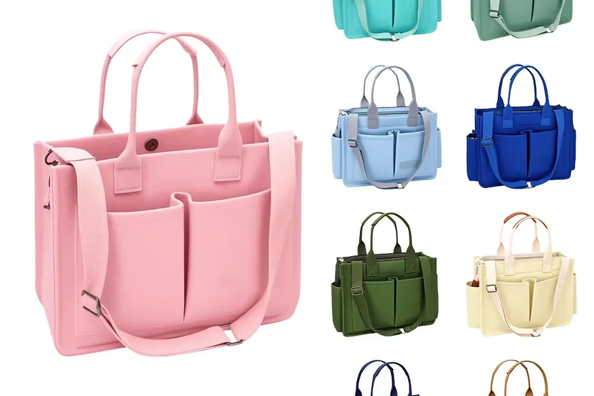 Structured zipper totes shown in several body and handle colors