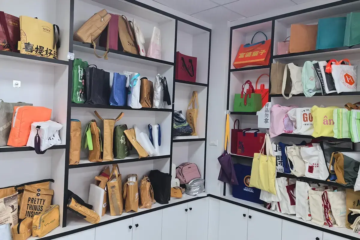 Factory shelves holding tote samples for construction review
