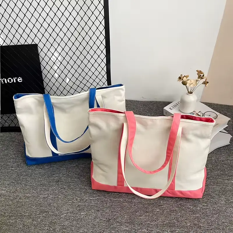 Canvas tote samples with black blue pink and green webbing
