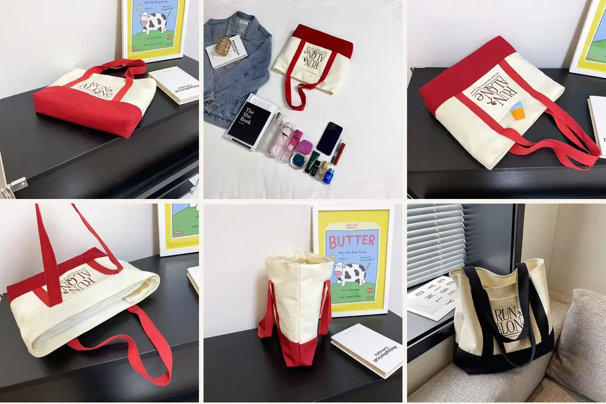 Webbing handle canvas totes shown flat folded and packed