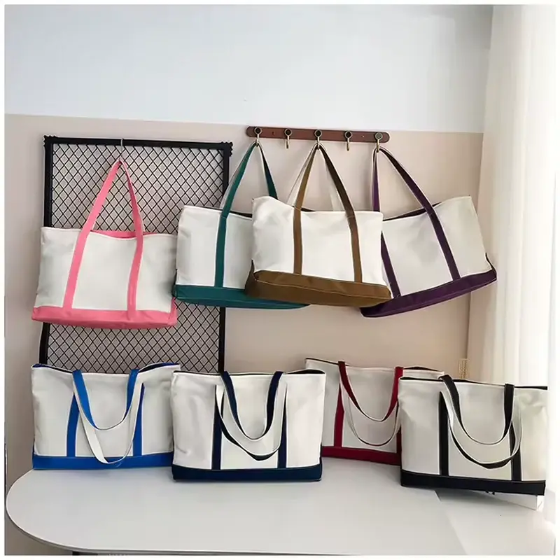 Webbing handle canvas tote samples displayed by color