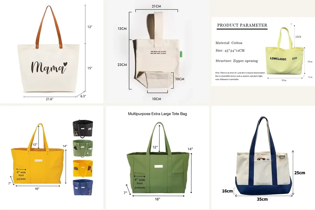 Canvas tote body sizes and webbing handle proportions