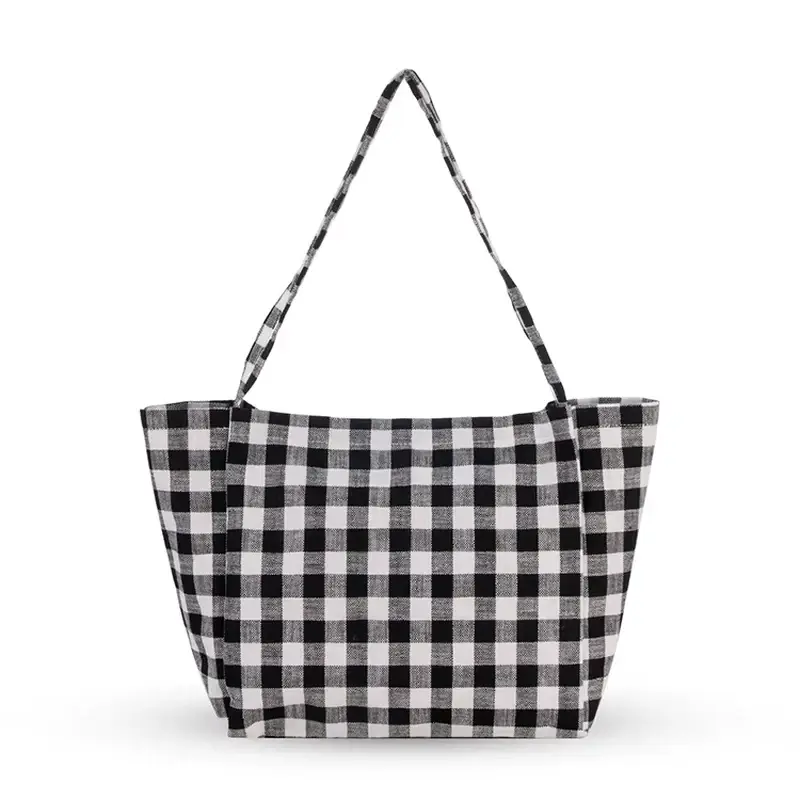 Black and white checkered zipper tote with a structured base