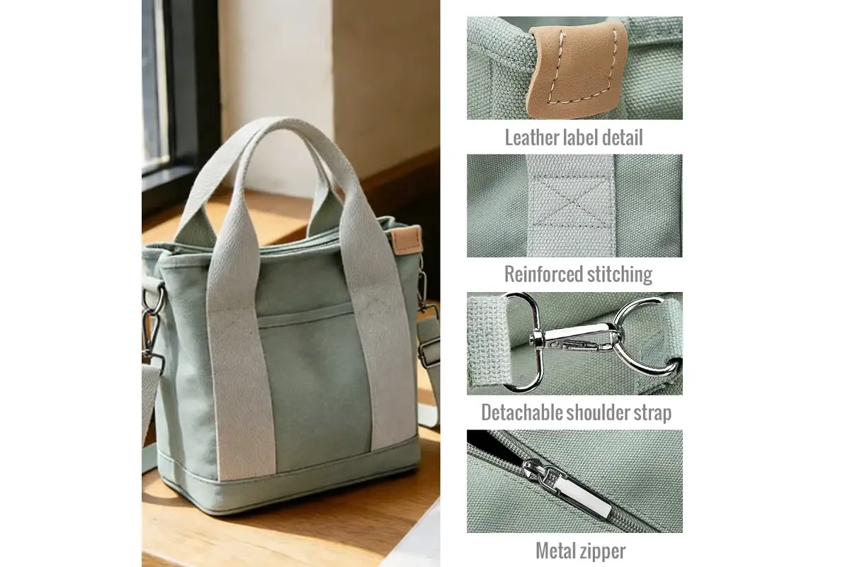 Gray canvas tote with close views of handles pockets and fabric