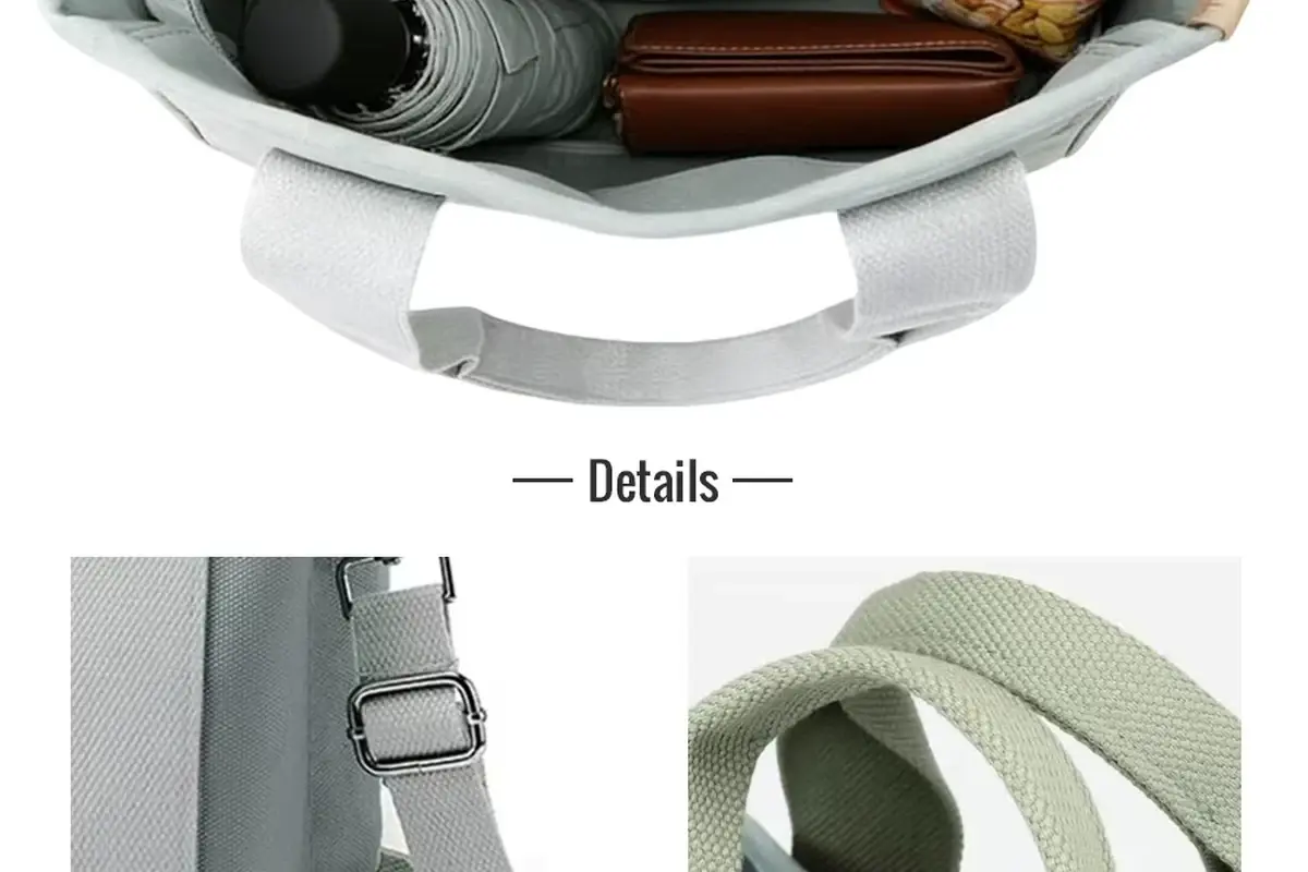 Gray canvas tote details showing storage pockets and reinforced handles