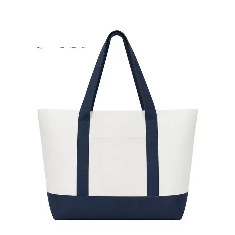 White structured canvas tote with navy handles and bottom trim
