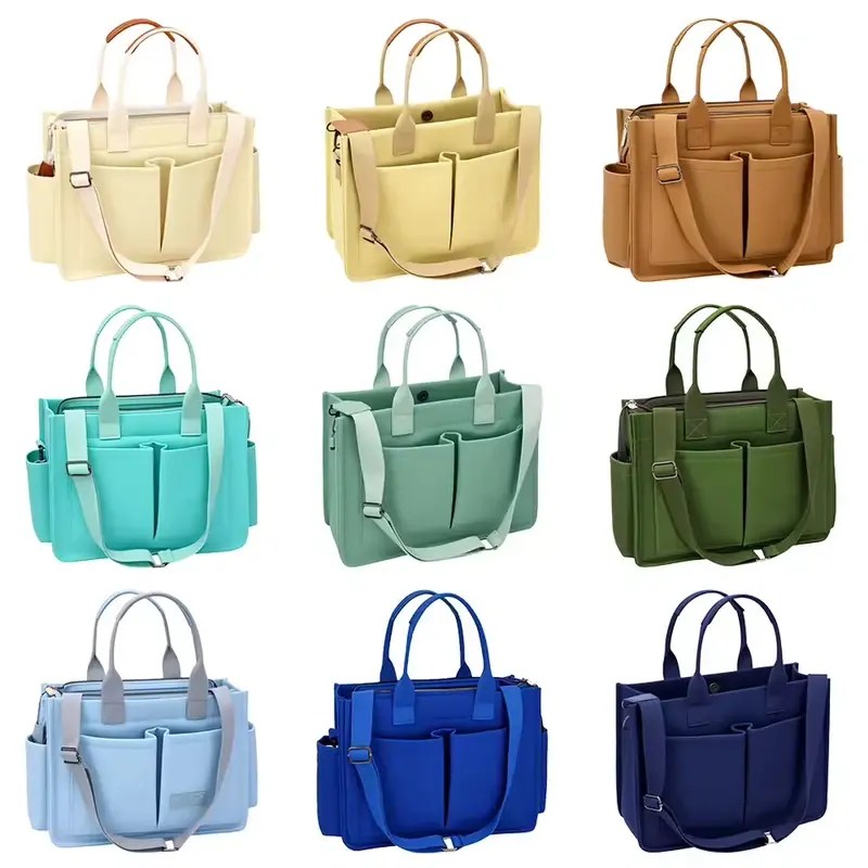 Structured gusseted canvas totes shown in several colors
