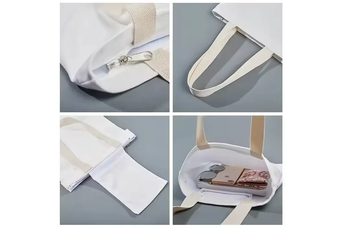 Canvas tote details showing zipper tape handles and reinforced seams