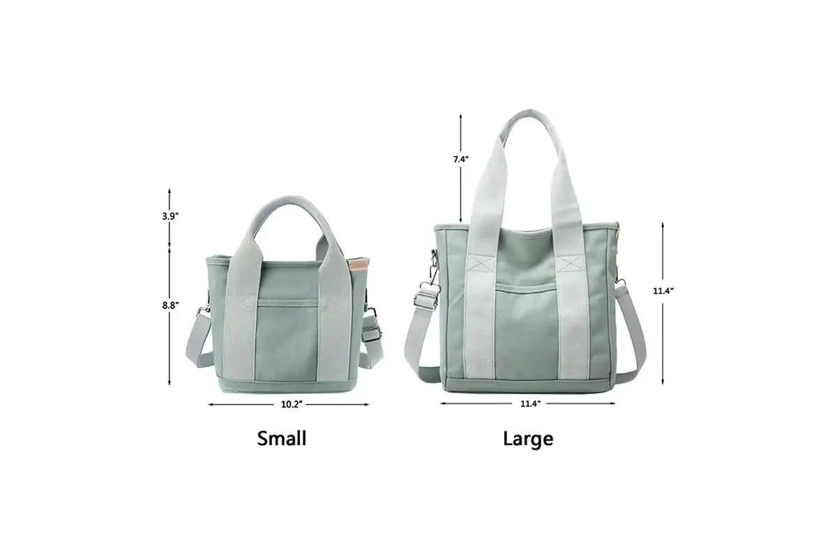 Gray canvas zipper tote shown in two body sizes
