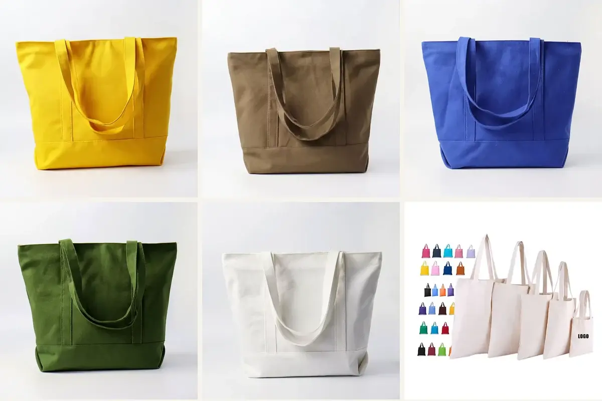 Custom canvas tote bags shown in six available color options
