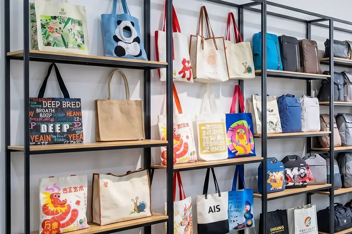 Canvas tote bag samples arranged in the factory showroom