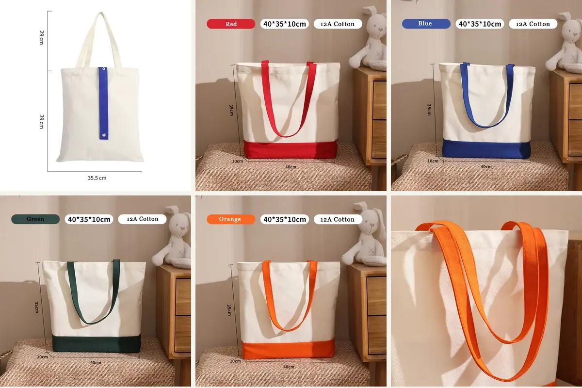Canvas tote size, body and handle options shown side by side