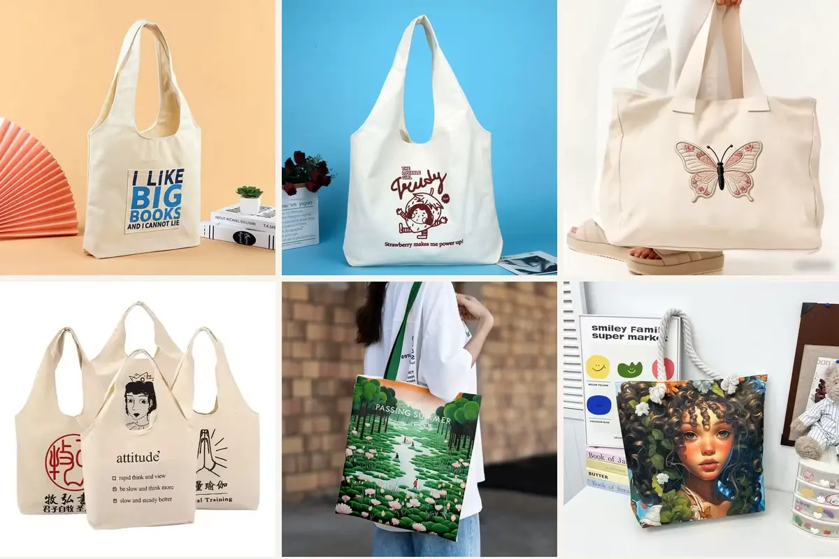 Canvas tote examples with different custom print treatments