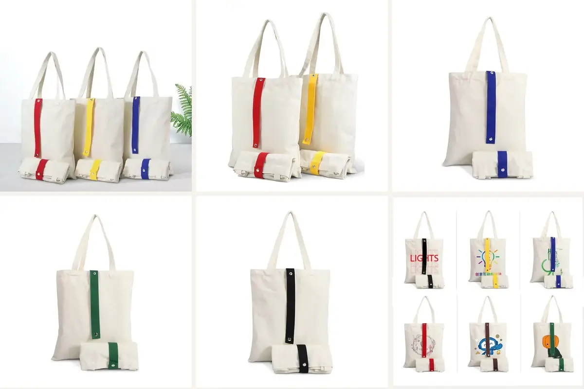 Canvas tote bags folded and secured for compact bulk packing