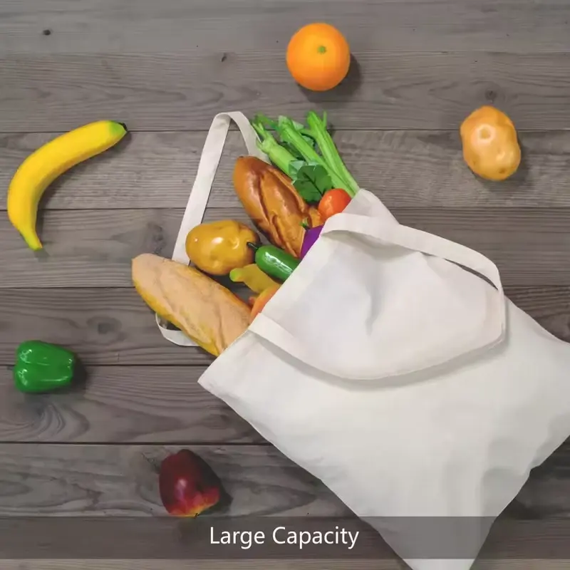 Natural gusseted canvas tote bag filled with groceries