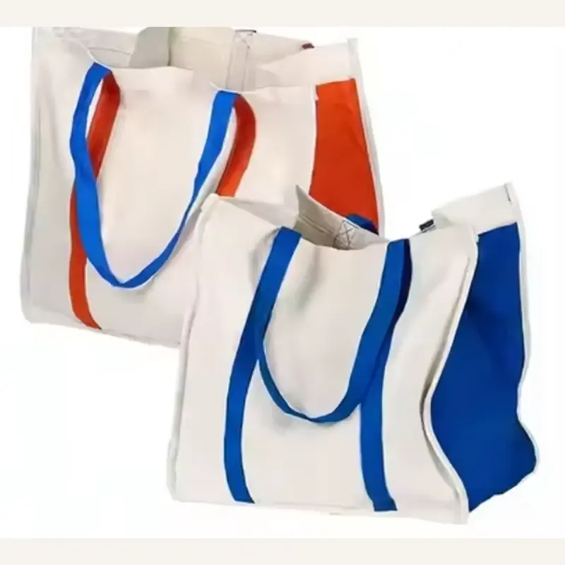 Natural cotton shopping totes with red and blue contrast handles