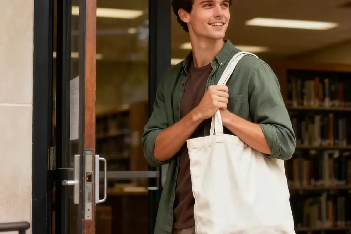 White cotton shopping tote carried by a customer inside a bookstore