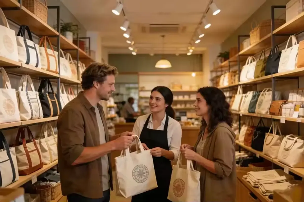 Natural cotton shopping tote carried through a retail store during use testing
