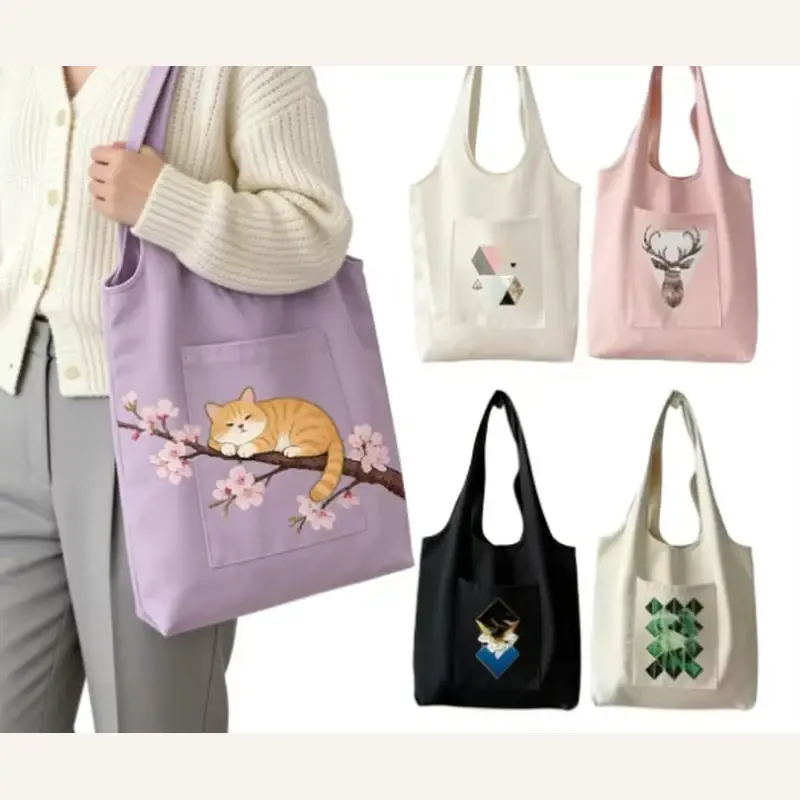 Lightweight cotton totes in pastel colors with small graphic prints