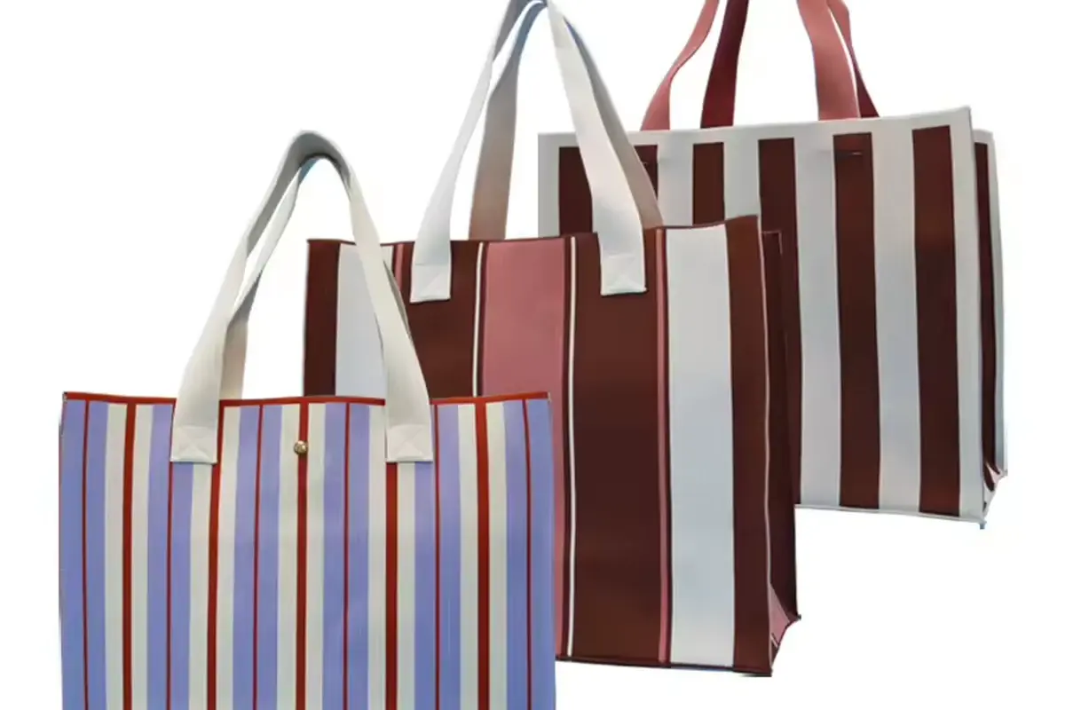 Striped cotton shopping totes shown in several sizes and colorways