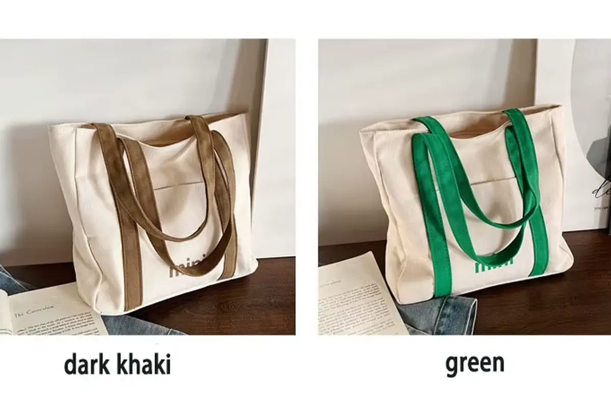 Natural cotton totes with contrasting long handles in two colors