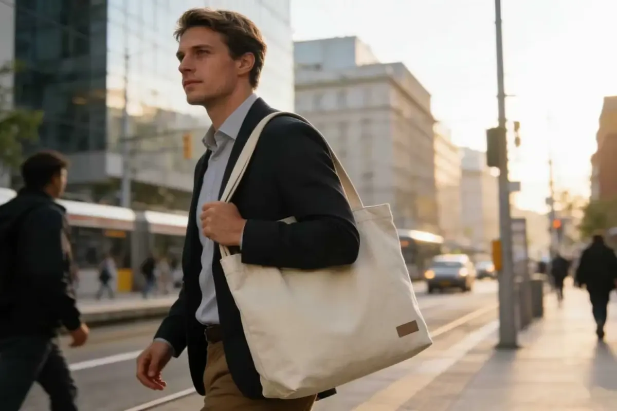Natural cotton long-handle tote carried in the city for a use check