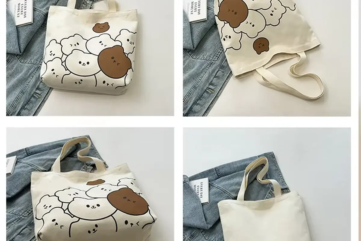 Cotton long-handle tote shown with body and construction details