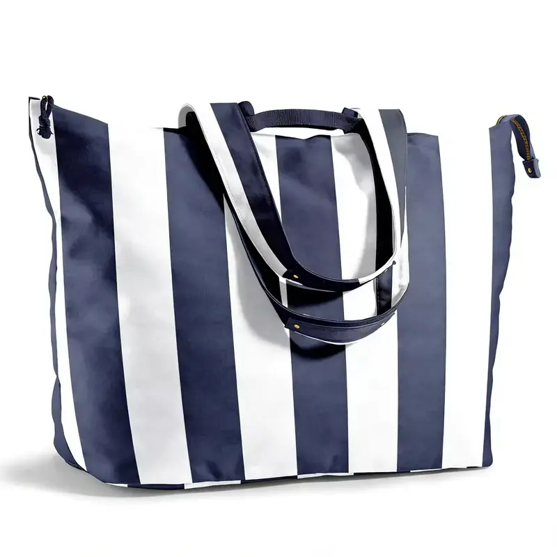 Navy striped canvas tote with wide webbing handles and open top