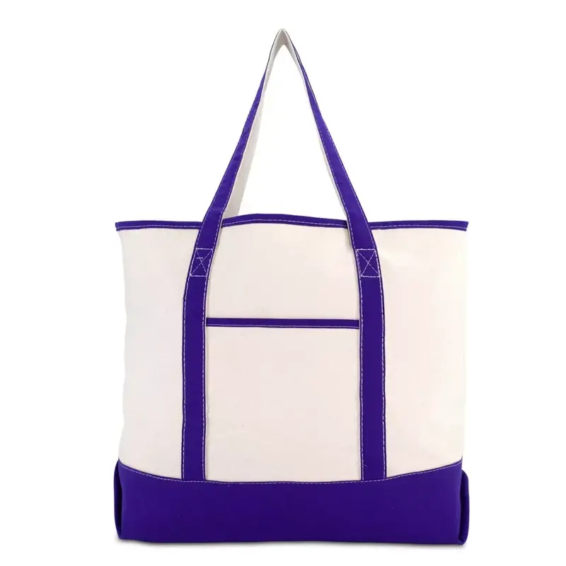 White gusseted canvas tote with purple trim and wide base