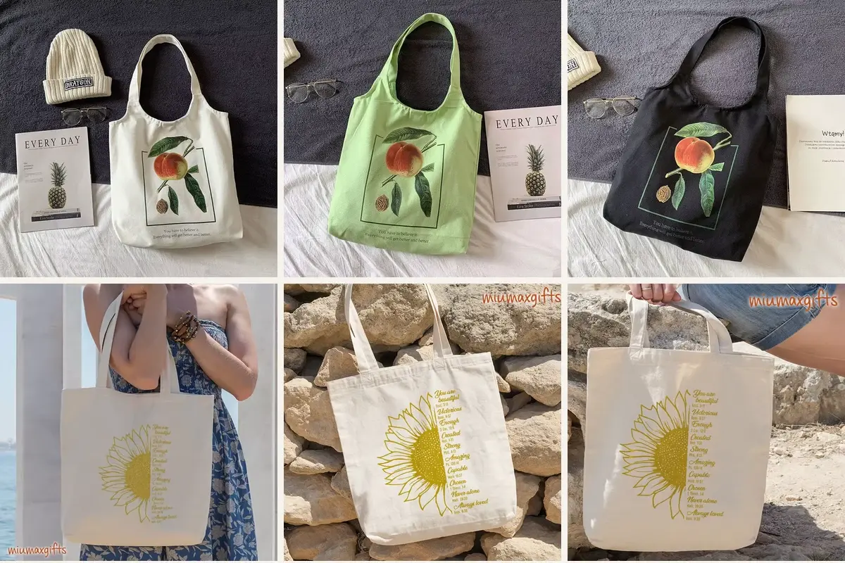 Canvas tote colors and printed fabric surfaces shown together