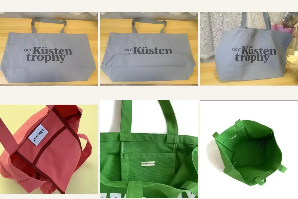 Gusseted tote samples shown flat, folded and opened