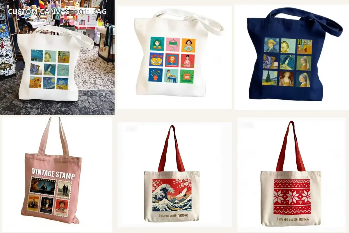 Printed canvas tote samples with varied artwork placements