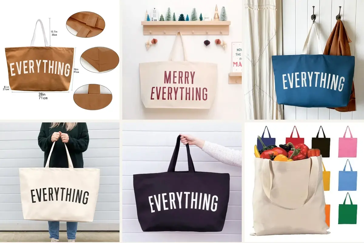 Large gusseted canvas totes shown in several loaded shapes