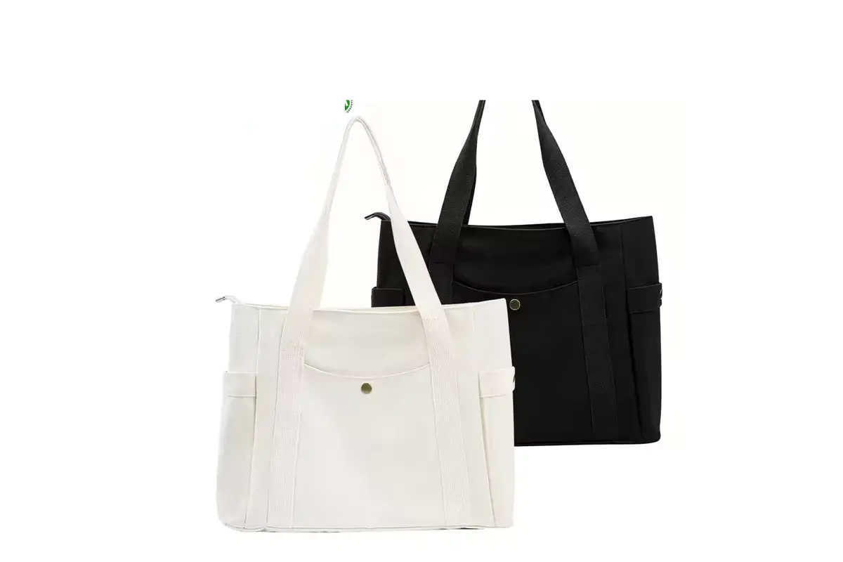 White and black canvas zipper totes with broad side gussets