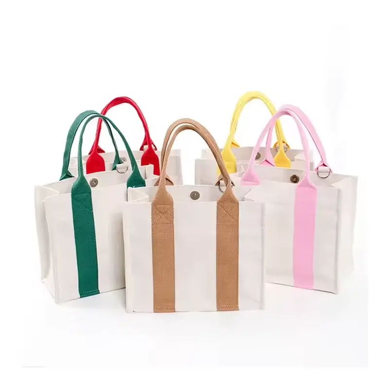 Five canvas zipper totes with wide gussets and colored webbing handles