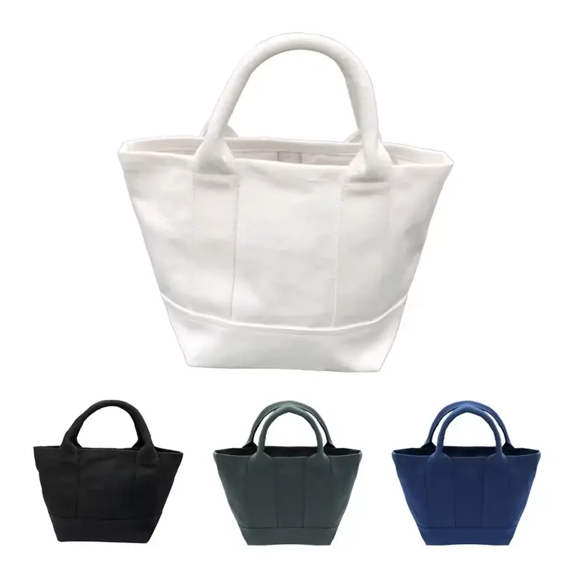 Four short-handle canvas totes in white black green and navy