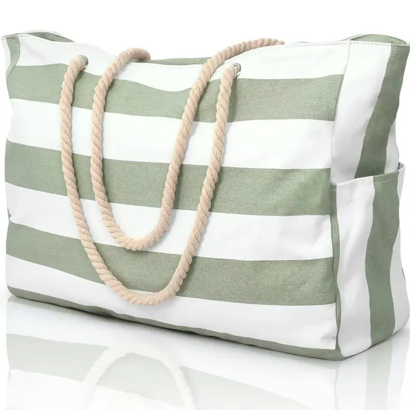 Green striped zipper tote with rope handles and a broad gusset