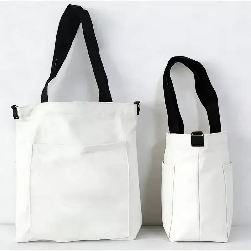 White canvas zipper totes with black handles and side gussets