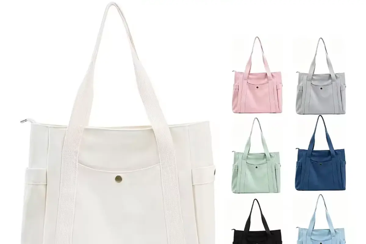 White multi-pocket zipper tote with six color options