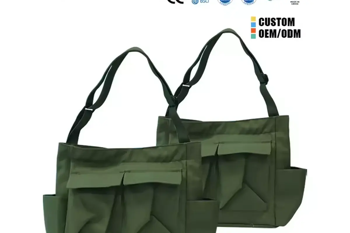 Green multi-pocket tote showing the finished pocket shape
